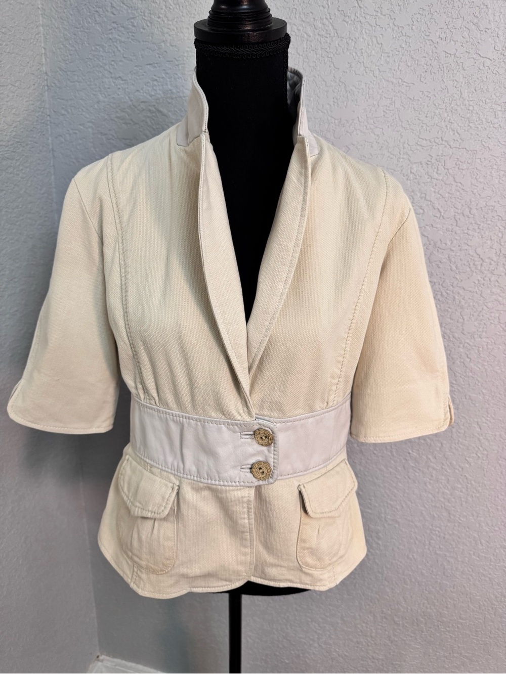 June Vintage 100% Cotton Leather Trim Cream Short-Sleeve Tailored Jacket